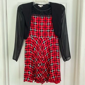 Red, white, and black dress with cardigan!